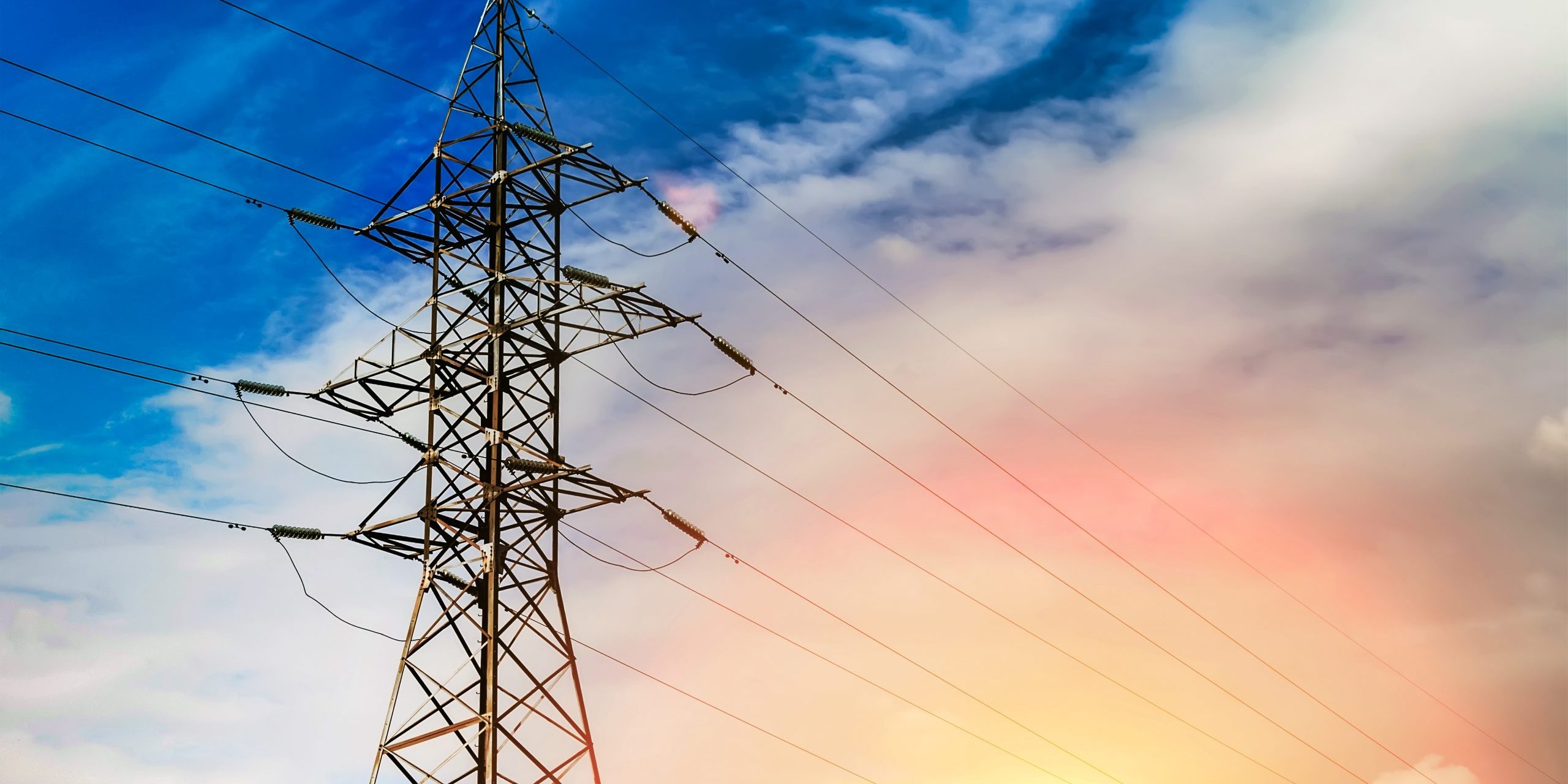 Power transmission line sunset landscape, nice background for pr